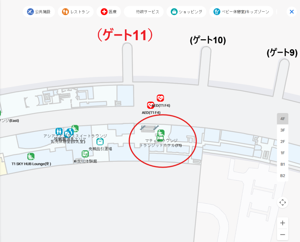 仁川国際空港 第1ターミナル 11ゲート付近「マティナラウンジ」フロアマップ