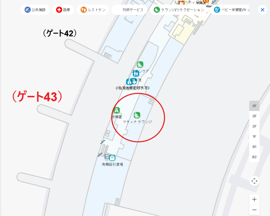 仁川国際空港 第1ターミナル 43ゲート付近「マティナラウンジ」フロアマップ